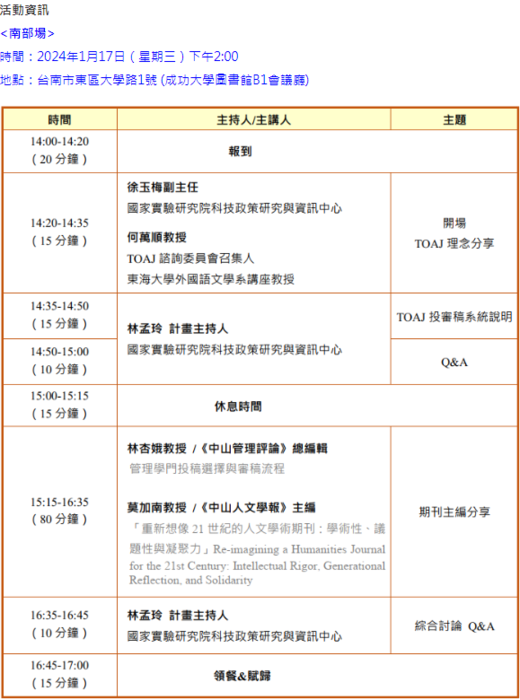 【國家實驗研究院】「TOAJ投審稿系統說明會暨期刊編輯分享」(2024/1/17-1/19)圖片