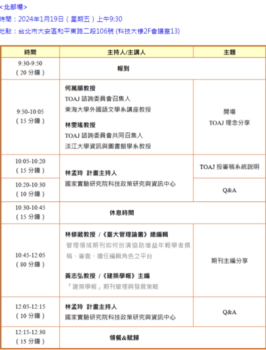 【國家實驗研究院】「TOAJ投審稿系統說明會暨期刊編輯分享」(2024/1/17-1/19)圖片
